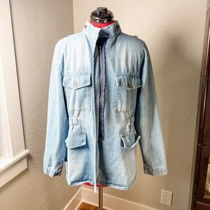 Susielady Light Blue Denim Utility Zip Front Military Jacket Size L